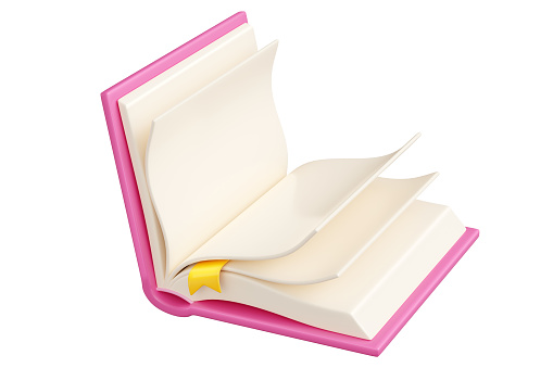 Open book with pink hardcover 3d render illustration. Opening literature with empty white paper pages and yellow bookmark for reading hobby and education concept. Bookstore and library element.