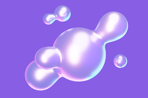 Abstract 3d metaball liquid shape with iridescent holographic effect. Render illustration fluid circular blob bubble with metallic surface and purple and pink gradient color. Drop geometric figure.