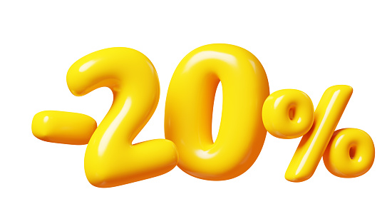 Balloon number minus twenty percent sign for sale concept. 3d render illustration of yellow plastic glossy discount typography -20. Cartoon bubble element percentage off for special offer promotion.