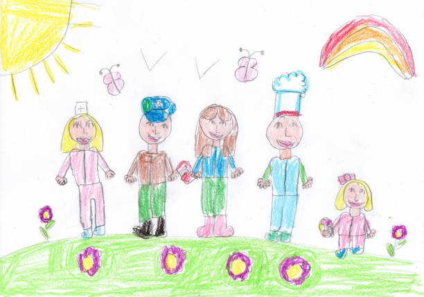 istock Child drawing of a People Group Different Occupation Profession. Pencil art in childish style 2148375540