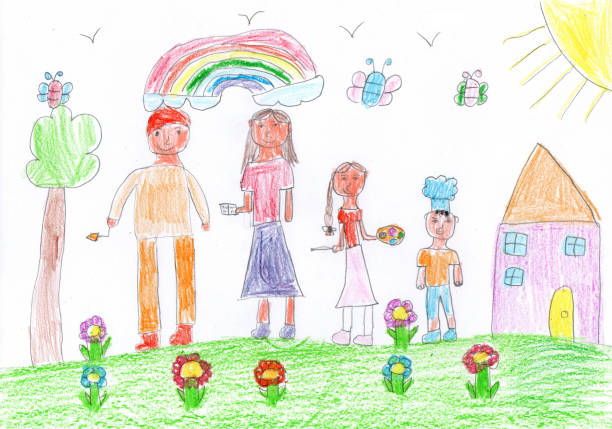 istock Child drawing of a People Group Different Occupation Profession. Pencil art in childish style 2148375558