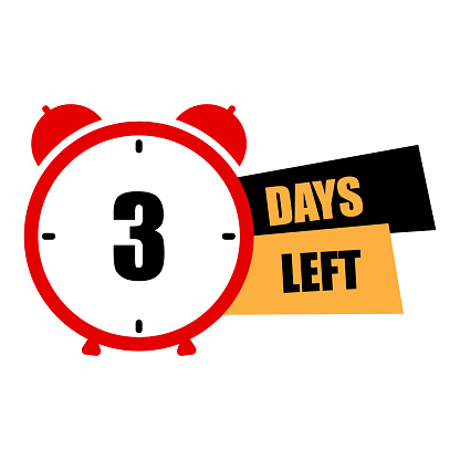 Red alarm clock showing 3 days left. Imminent deadline countdown. Time management concept. Vector illustration. EPS 10. Stock image.