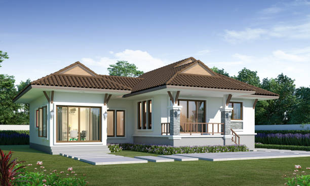 istock Contemporary house exterior day light with lawn grass.3d rendering 2148376972