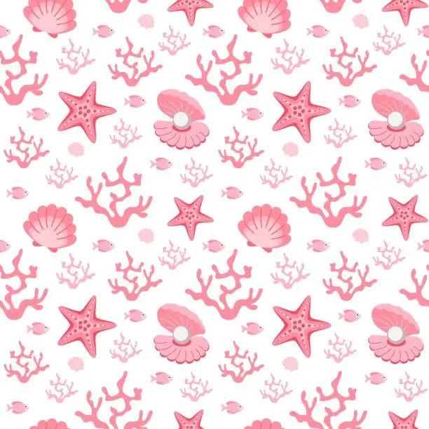 Vector illustration of Cute marine seamless pattern in flat design.