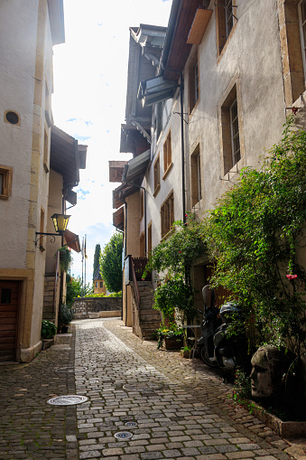 Narrow street in Ligerz town, canton of Bern, Switzerland