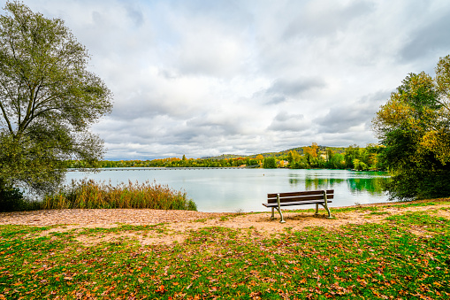 Baggersee Weingarten near Karlsruhe with the surrounding nature. Autumn landscape by the lake.
