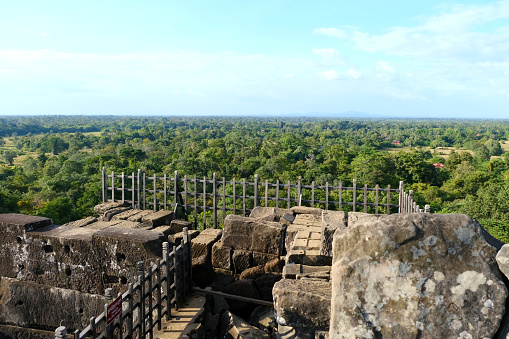 green landscape view from the seven tiered pyramid at Koh Ker site, a remote archaeological site in northern Cambodia about 120 kilometres from the ancient site of Angkor.