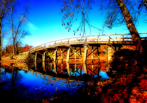 The North Bridge (the Old North Bridge) , is a historic site in Concord, Massachusetts, spanning the Concord River. On April 19, 1775, the first day of the American Revolutionary War, provincial minutemen and militia companies engaged British Army troops at this location. The significance of the historic events at the North Bridge inspired Ralph Waldo Emerson to refer to the moment as the shot heard round the world.