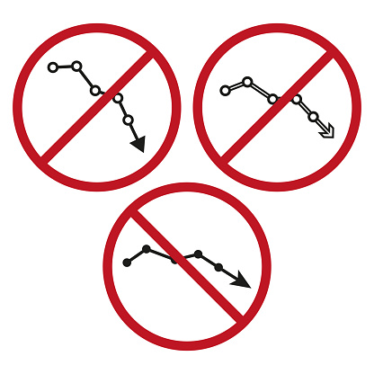 Decline graph prohibited. No downturn allowed signs. Anti-recession symbols. Vector illustration. EPS 10. Stock image.