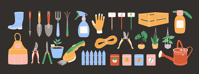 Set of gardening equipment. Shovel, sprayer, seeds, watering can, boxes and more. Vector illustration