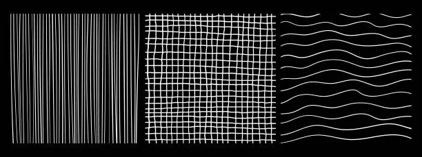 Vector illustration of Squares patterns with hand drawn linear hatching and crosshatching textures. Pencil lines on black background.