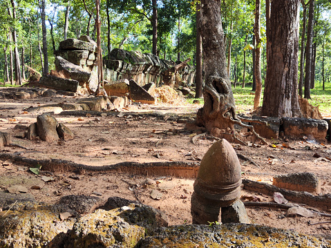 Ruins at Prasat Chrap, a temple comprising 3 damaged towers built of laterite at Koh Ker, a remote archaeological site in northern Cambodia about 120 kilometres from the ancient site of Angkor.