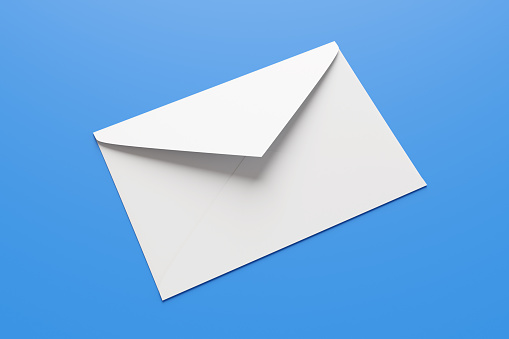 Plain white envelope on blue background. Illustration of the concept of letters, mails, posts, documents, notices and communication