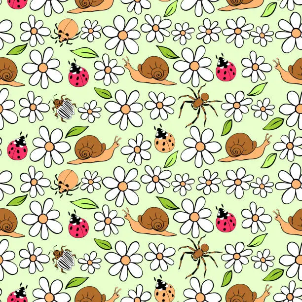 Vector illustration of Seamless childish pattern with cute flowers, ladybugs, snails, insects. Vector illustration. Use for textile, print, kids surface design