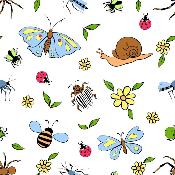 Vector illustration of Seamless childish pattern with cute flowers, butterfly, snails, bugs. Insects on glade. Vector illustration. For textile, print, kids surface design