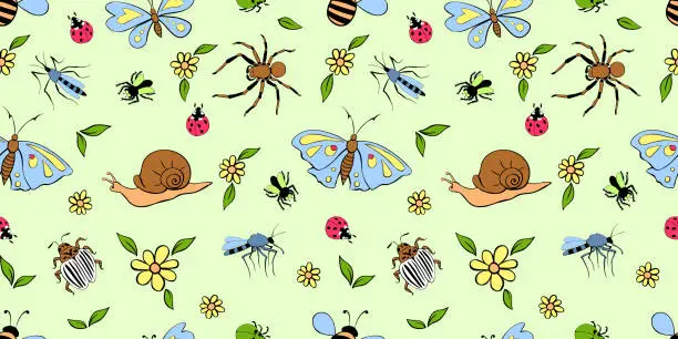 Vector illustration of Seamless childish pattern with cute flowers, butterfly, snails, bugs. Insects on glade. Vector illustration. For textile, print, kids surface design