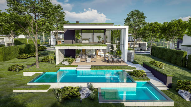 istock 3d rendering of flat roof house with concrete facade 2148382733