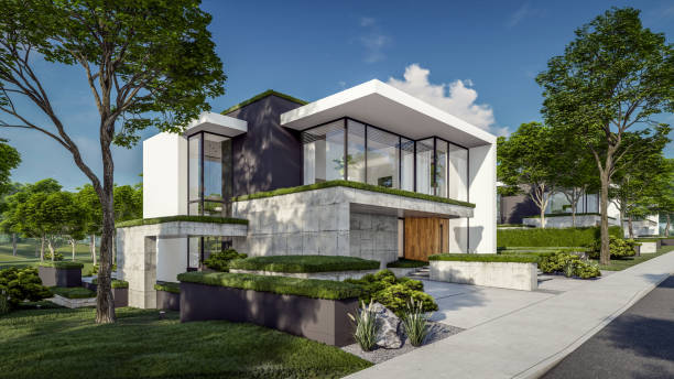 istock 3d rendering of flat roof house with concrete facade 2148382734