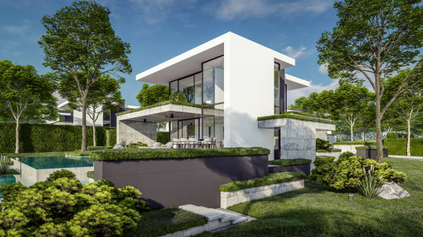 istock 3d rendering of flat roof house with concrete facade 2148382735
