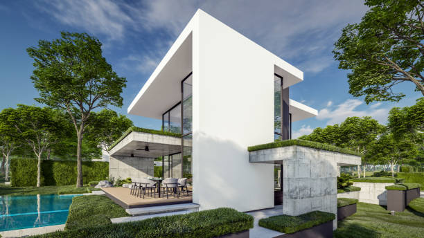 istock 3d rendering of flat roof house with concrete facade 2148382736