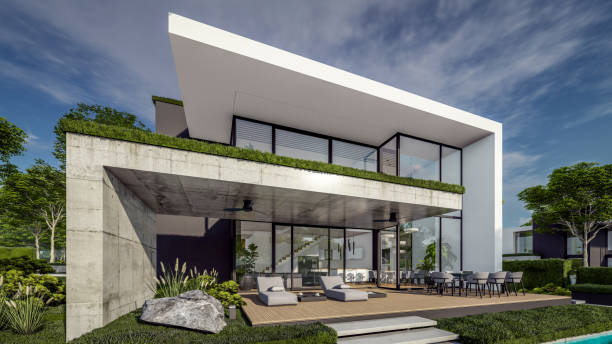 istock 3d rendering of flat roof house with concrete facade 2148382738