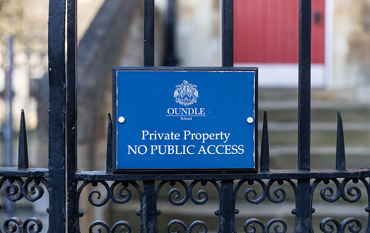 A 'Private Property No Public Access' sign  at the fee paying English Public School.  The school dates back to the 16th century.