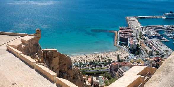 Panoramic view of the harbor, marina and Postiguet beach in Alicante, Spain.