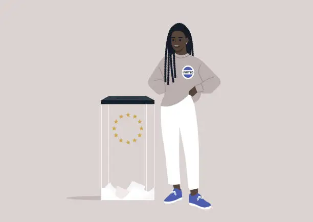 Vector illustration of Proud Citizen Casting Vote at EU Ballot Box, A smiling character dons an I Voted badge at the European Union Parliament elections