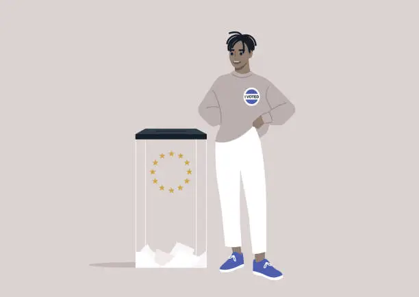 Vector illustration of Proud Citizen Casting Vote at EU Ballot Box, A smiling character dons an I Voted badge at the European Union Parliament elections