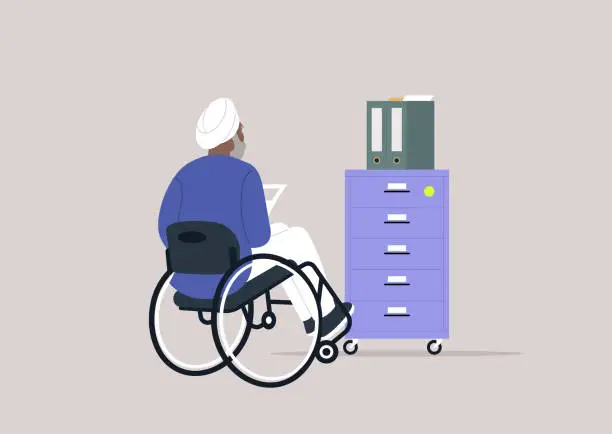 Vector illustration of Accessibility in Action, a senior character in Wheelchair at an Organized Office Space, A person with disability engages with a file cabinet in a tranquil work setting