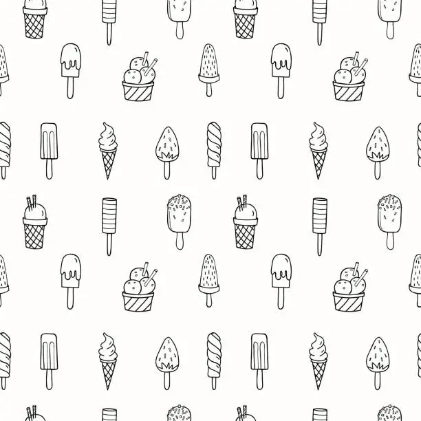 Vector illustration of Ice Cream seamless pattern. Hand drawn ink sketch with cold milk dessert, repeating background. Line art vector illustration. Design rapport for label, card, print, paper, wrapping, textile, fabric