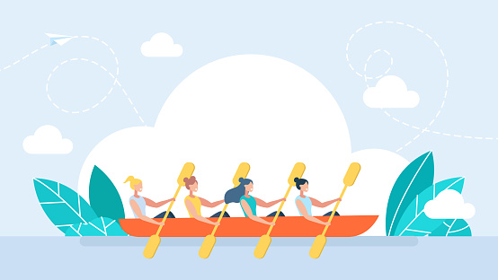Women's team. Friendly female team rowing in boat together. Colleagues working together. Effective collaboration and organized teamwork. Good relationship between colleagues. Vector illustration