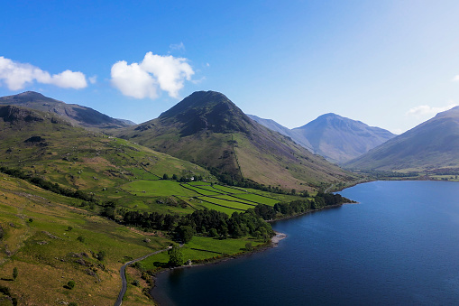 Aerial view of Wasdale Valley. Wast Water is the deepest lake in England. Cumbria. English Lake District.