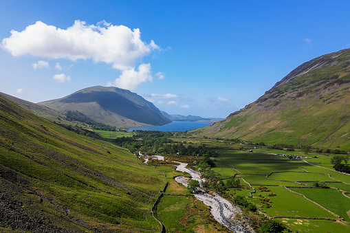 Aerial view of Wasdale Head. Wast Water is the deepest lake in England. Cumbria. English Lake District.