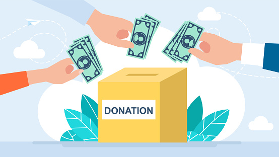 Hands putting dollars into donation box. Donate money charity concept. Hands depositing money in a carton box with text banner donation. Vector illustration
