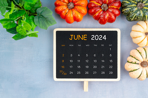 View from above to simple June 2024 calendar decorated with pumpkin and green leaves.