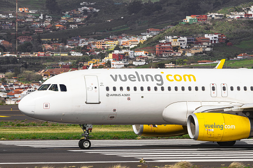 Los Rodeos, Tenerife, Canary islands; March 30 2024: Vueling Airbus A320-271N, readu to take off, in La Laguna city airport