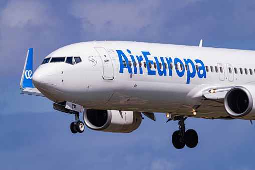 Tenerife, Canary islands, Spain - April 1 2024: Air Europa Boeing 737 85P, close view by landing