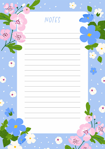 Spring flower lined note page design on blue background. Elegant vector cute floral design for planner, memory, notes page concept