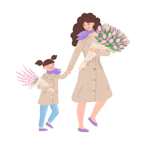 Vector illustration of Happy mother and daughter with blooming bouquets walking at springtime