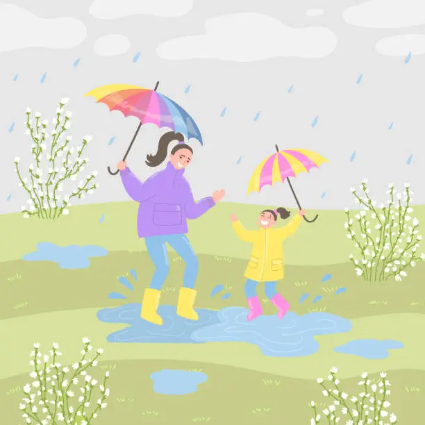 Vector illustration of Happy mother and daughter jumping in puddle at springtime in flat cartoon design