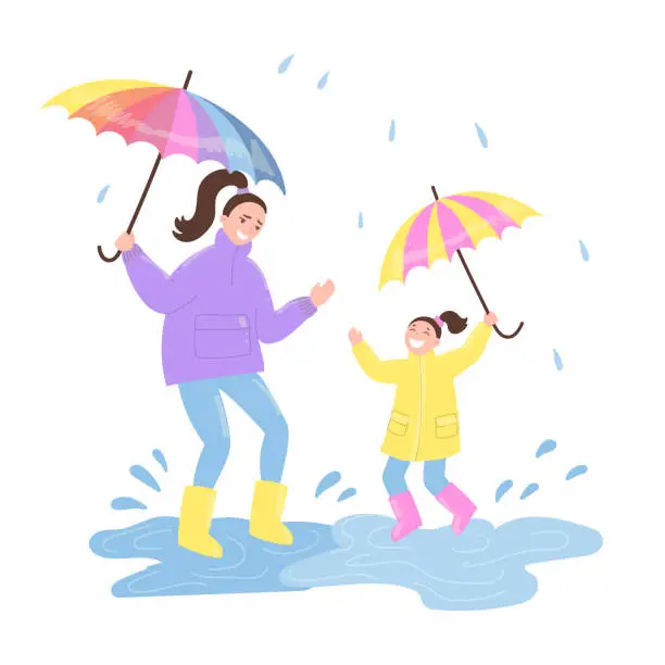 Vector illustration of Happy mother and daughter jumping in puddle at springtime in flat cartoon design.