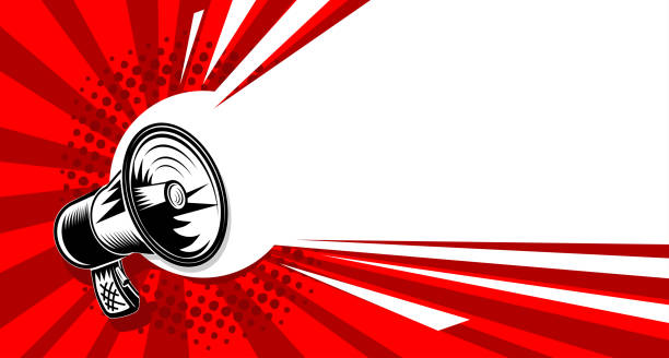 Important message attention with megaphone Loudspeaker, megaphone with lightings on red background. Vector template for copy you text in pop art style comic book page layout stock illustrations