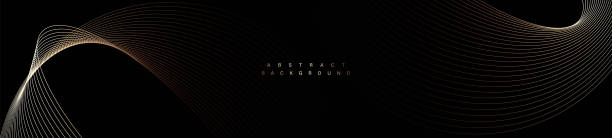 istock Black abstract background with gold curve lines. Glowing golden circle. Swirl lines. Elegant design element. Modern graphic. Luxury style. Suit for cover, header, brochure, presentation, website, flyer 2148388859
