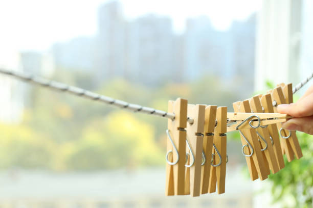 Clothespins hanging on a clothesline