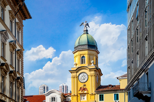 View to the Two-headed clock tower in Rieka, Croatia