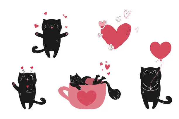 Vector illustration of Set of cute hand drawn black cats and hearts. Vector illustration