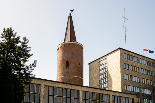 art noveau Kasino tower in Berlin suburb Frohnau with bright blue skies