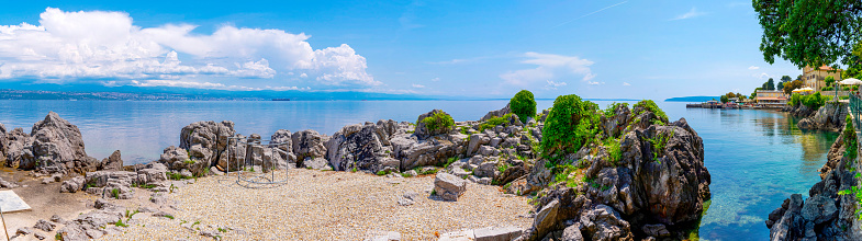 Beautiful coastline on a sunny day in Lovran, Istria, Croatia