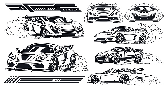 Racing cars monochrome set logotypes with fast automobiles with dust under wheels and sticker templates for tuning vector illustration